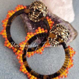 handmade beaded hoop lion earrings